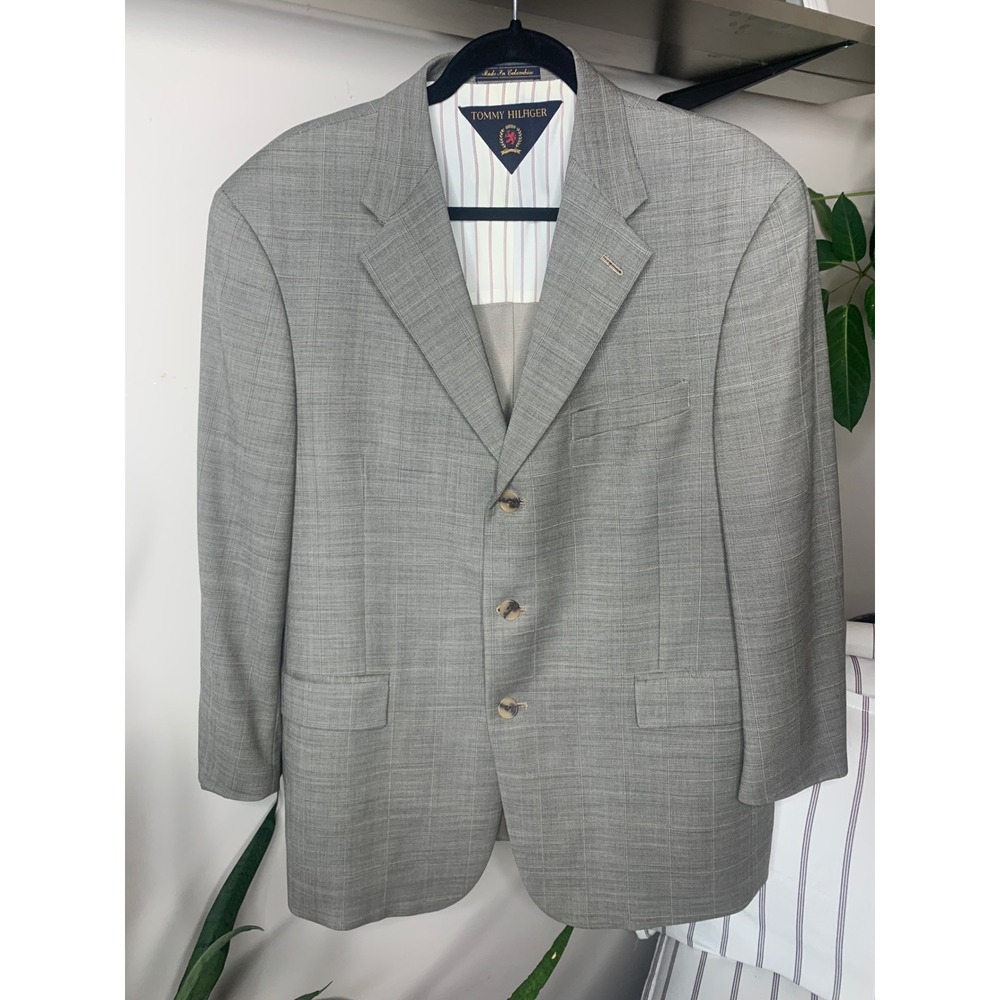 Tommy Hilfiger Mens 42S Grey‎ Glen Plaid Worsted Wool 3-Button Blazer Sport Coat